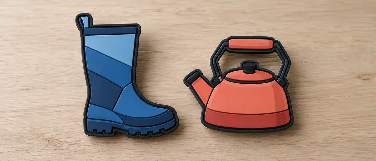 Blue boot and red kettle.
